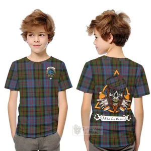 Bowie Tartan Kid T-Shirt with Family Crest and Bearded Skull Holding Bottles of Whiskey