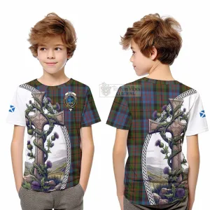 Bowie Tartan Kid T-Shirt with Family Crest and St. Andrew's Cross Accented by Thistle Vines