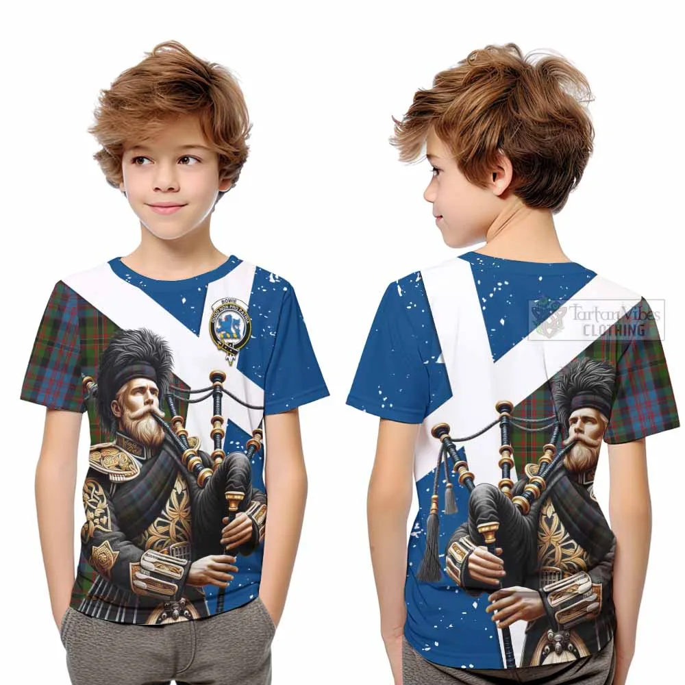 Bowie Tartan Kid T-Shirt with Family Crest Scottish Bagpiper Vibes