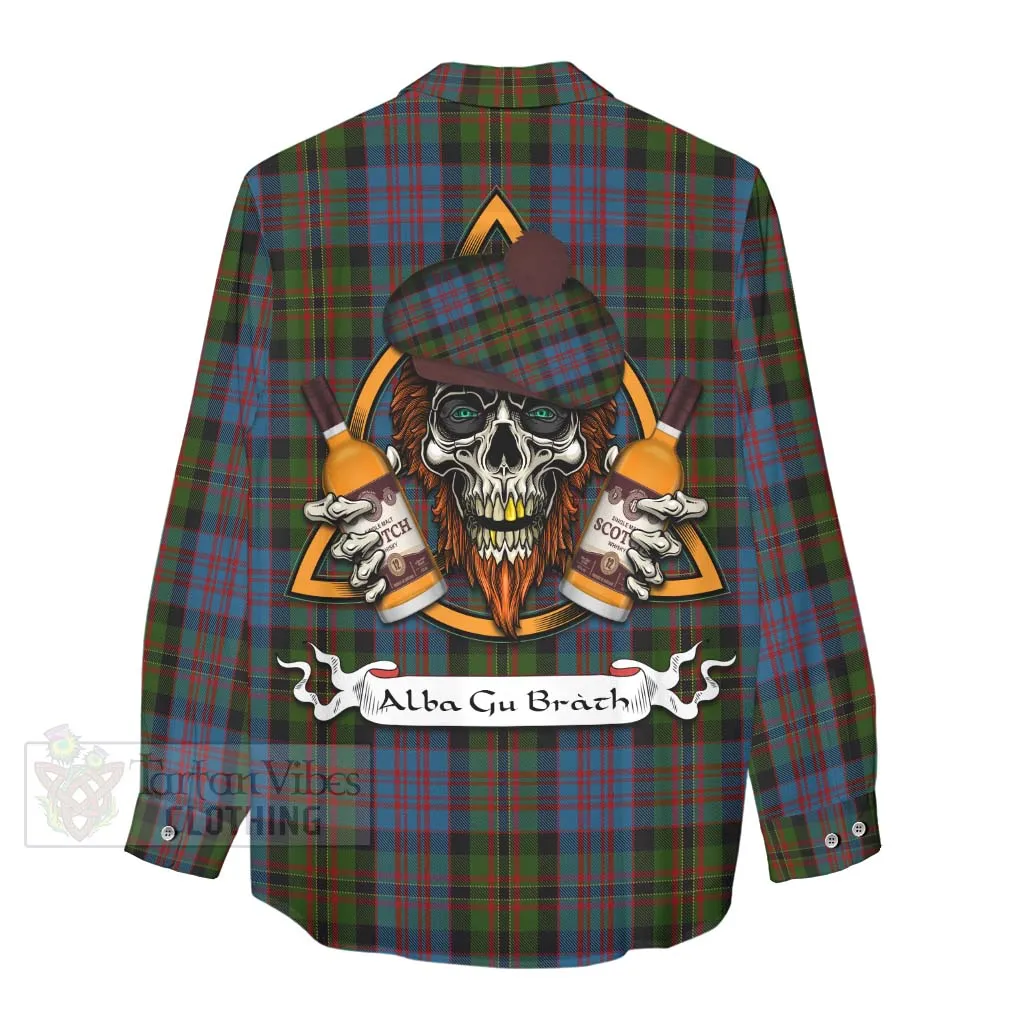 Bowie Tartan Women's Casual Shirt with Family Crest and Bearded Skull Holding Bottles of Whiskey