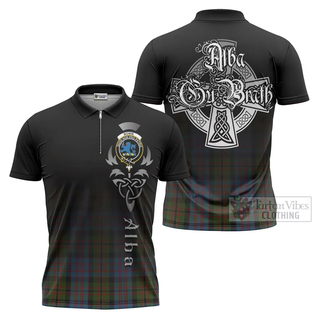 Bowie Tartan Zipper Polo Shirt Featuring Alba Gu Brath Family Crest Celtic Inspired