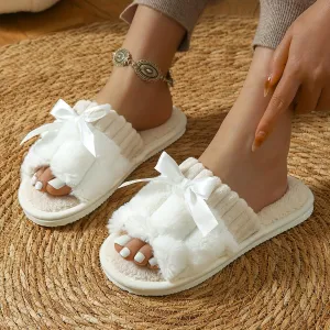 Bowknot Decor Slip On Slippers, Casual Open Toe Plush Shoes, Comfortable Indoor Home Slippers