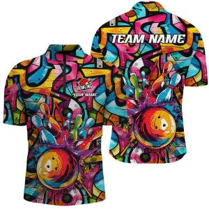 Bowling And Pins Colorful Graffiti Pattern Customized Name, Team Name 3D Jersey Shirt For Men