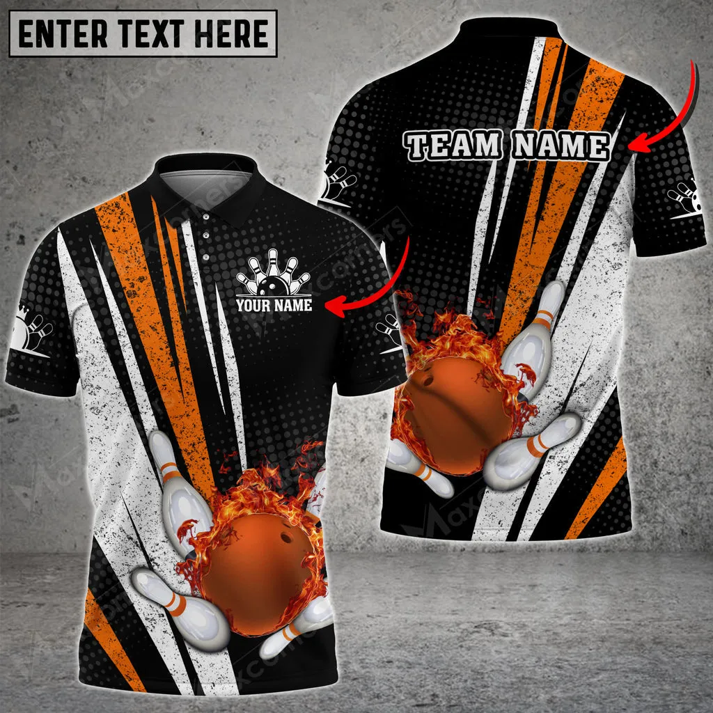 Bowling Ball And Pins Flame Grunge Multicolor Option Customized Name, Team Name 3D Polo Shirt