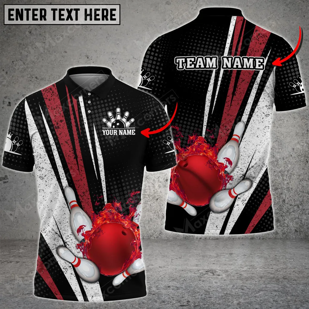 Bowling Ball And Pins Flame Grunge Multicolor Option Customized Name, Team Name 3D Polo Shirt