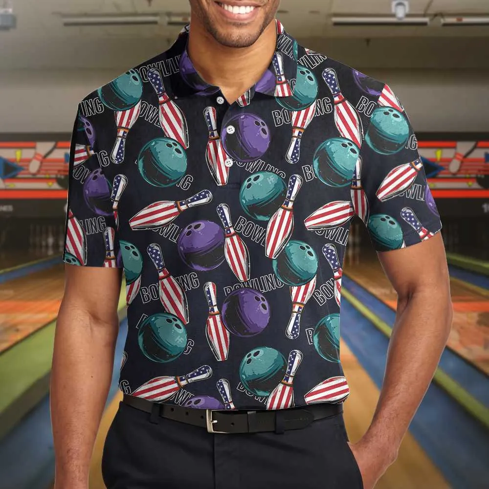 Bowling Is My Life Polo Shirt, American Flag Pattern Bowling Shirt For Men Coolspod