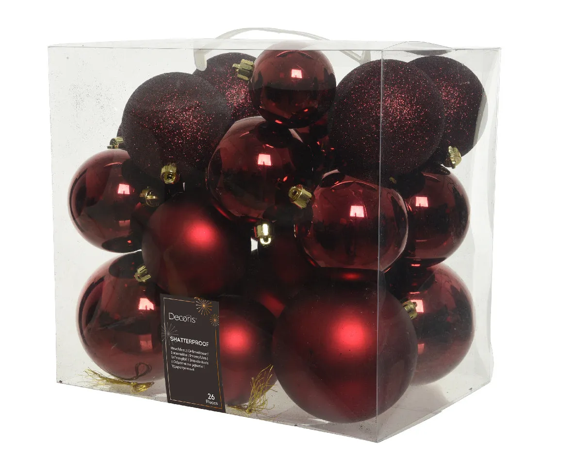 Box of 26 oxblood shatterproof baubles