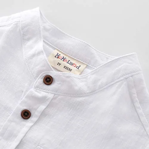 Boy Mandarin collar Woven Short Sleeve Fake Linen Shirts