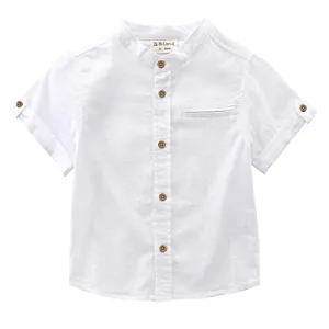 Boy Mandarin collar Woven Short Sleeve Fake Linen Shirts