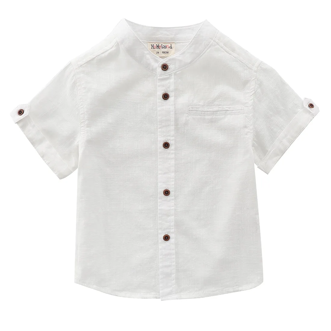 Boy Mandarin collar Woven Short Sleeve Fake Linen Shirts