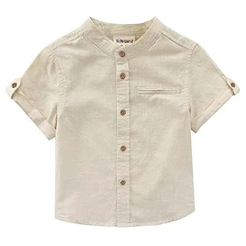 Boy Mandarin collar Woven Short Sleeve Fake Linen Shirts