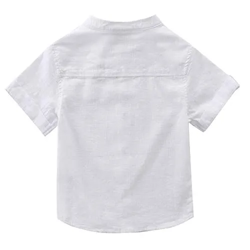 Boy Mandarin collar Woven Short Sleeve Fake Linen Shirts