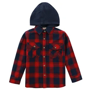 Boy Navy/Red Plaid Long Sleeve Flannel Shirts With Hooded