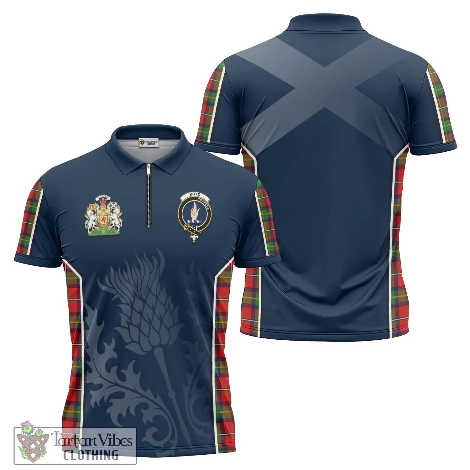 Boyd Tartan Zipper Polo Shirt with Family Crest and Scottish Thistle Vibes Sport Style