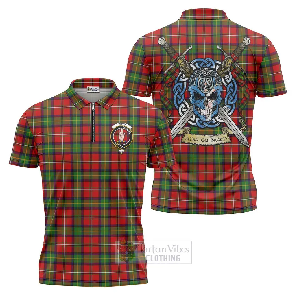 Boyd Tartan Zipper Polo Shirt with Family Crest Celtic Skull Style