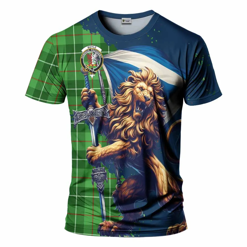 Boyle Tartan Family Crest T-Shirt with Scottish Majestic Lion