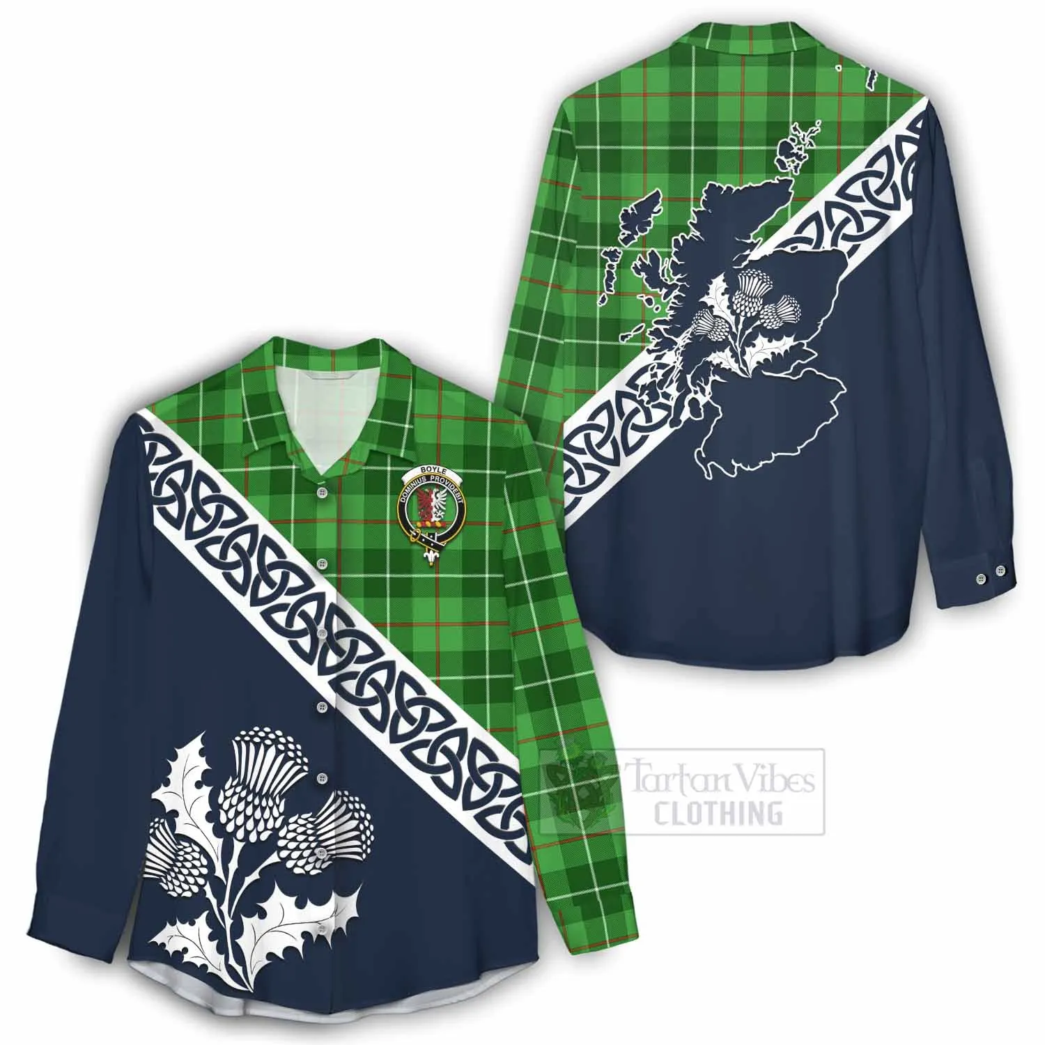 Boyle Tartan Women's Casual Shirt Featuring Thistle and Scotland Map