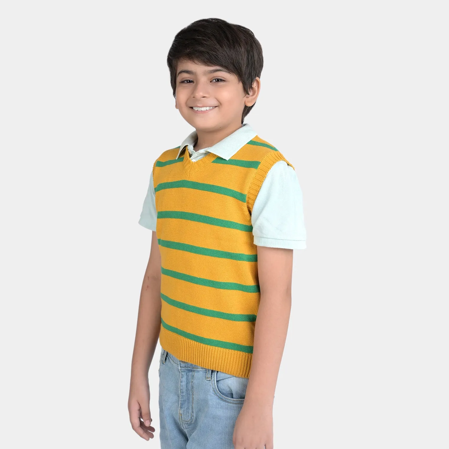 Boys Acrylic Sleeveless Sweater Striper-Yellow