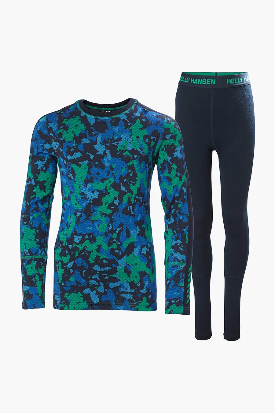 Boys Baselayer Helly Hansen Jr Lifa Merino Bright Green Splash Camo