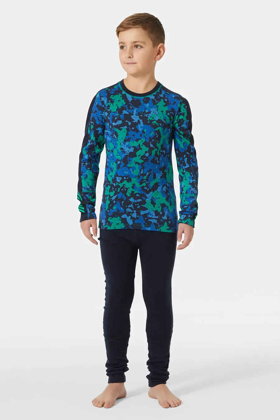 Boys Baselayer Helly Hansen Jr Lifa Merino Bright Green Splash Camo