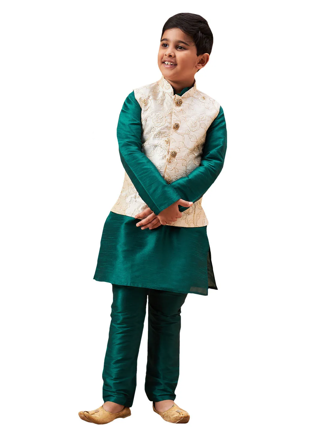 Boy's Beige And Green Jacket, Kurta And Pyjama Set - Vastramay Boys