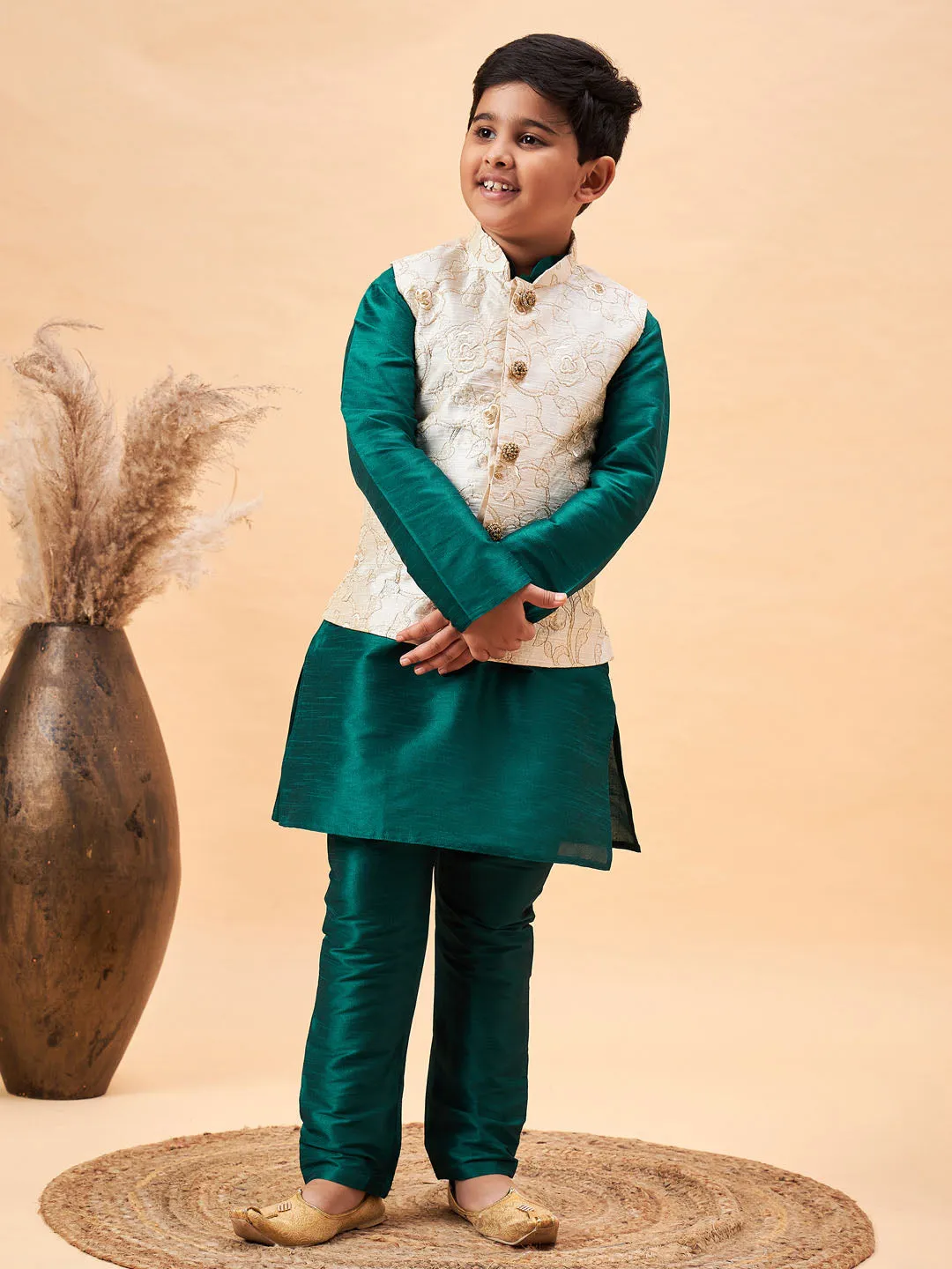 Boy's Beige And Green Jacket, Kurta And Pyjama Set - Vastramay Boys