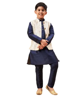 Boy's Beige And Navy Blue Jacket, Kurta And Pyjama Set - Vastramay Boys