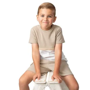 Boys Beige Crew Neck Waffle Short Set