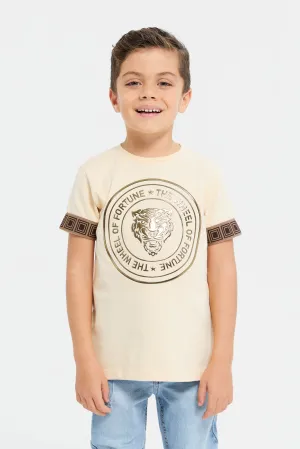 Boys Beige Foil Print Short Sleeve T-Shirt