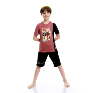 Boys Bi-Tone Printed Summer Shorts Pajama Set - Dusty Rose & Black