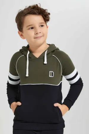 Boys Black And Olive Pocket Hooded Sweatshirt