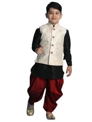 Boy's Black, Beige And Maroon Jacket, Kurta And Dhoti Set - Vastramay Boys