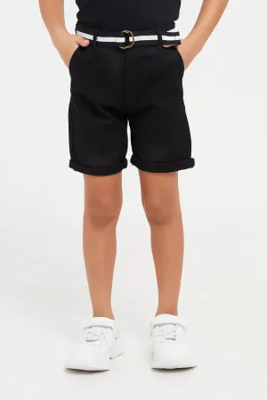 Boys Black Belted Dobby Shorts