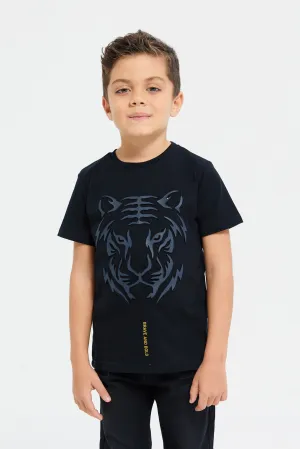 Boys Black Embossed Short Sleeve T-Shirt