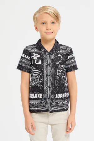 Boys Black Short Sleeve Placement Printed Shirt