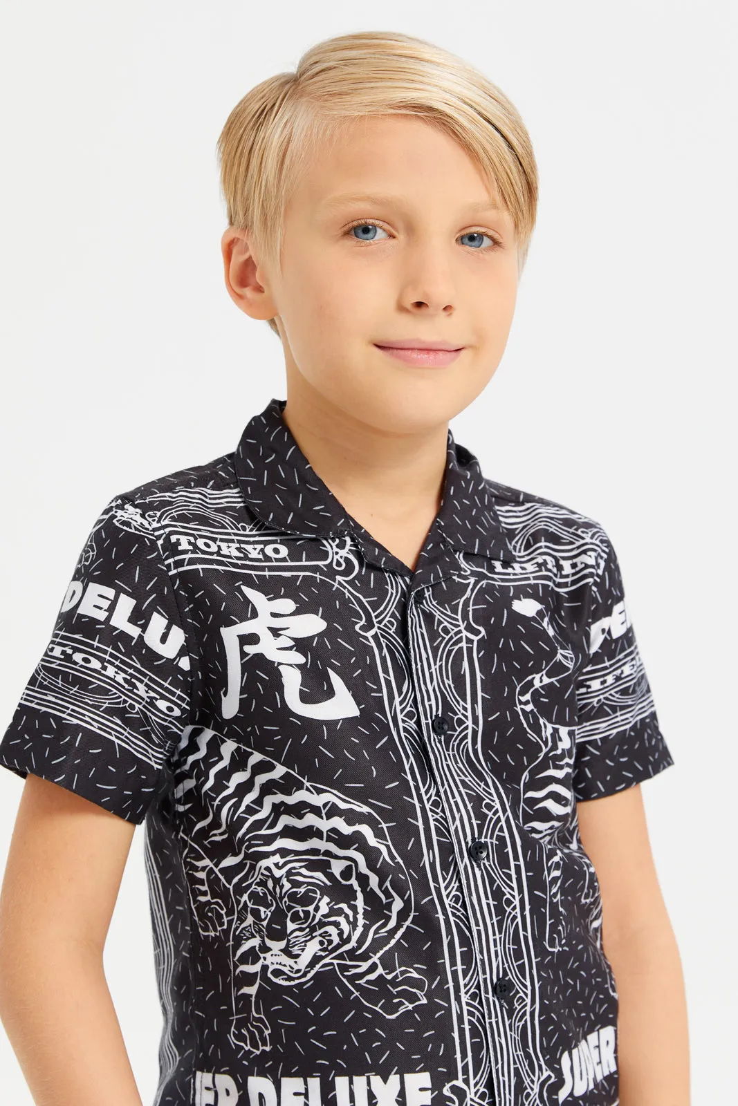 Boys Black Short Sleeve Placement Printed Shirt