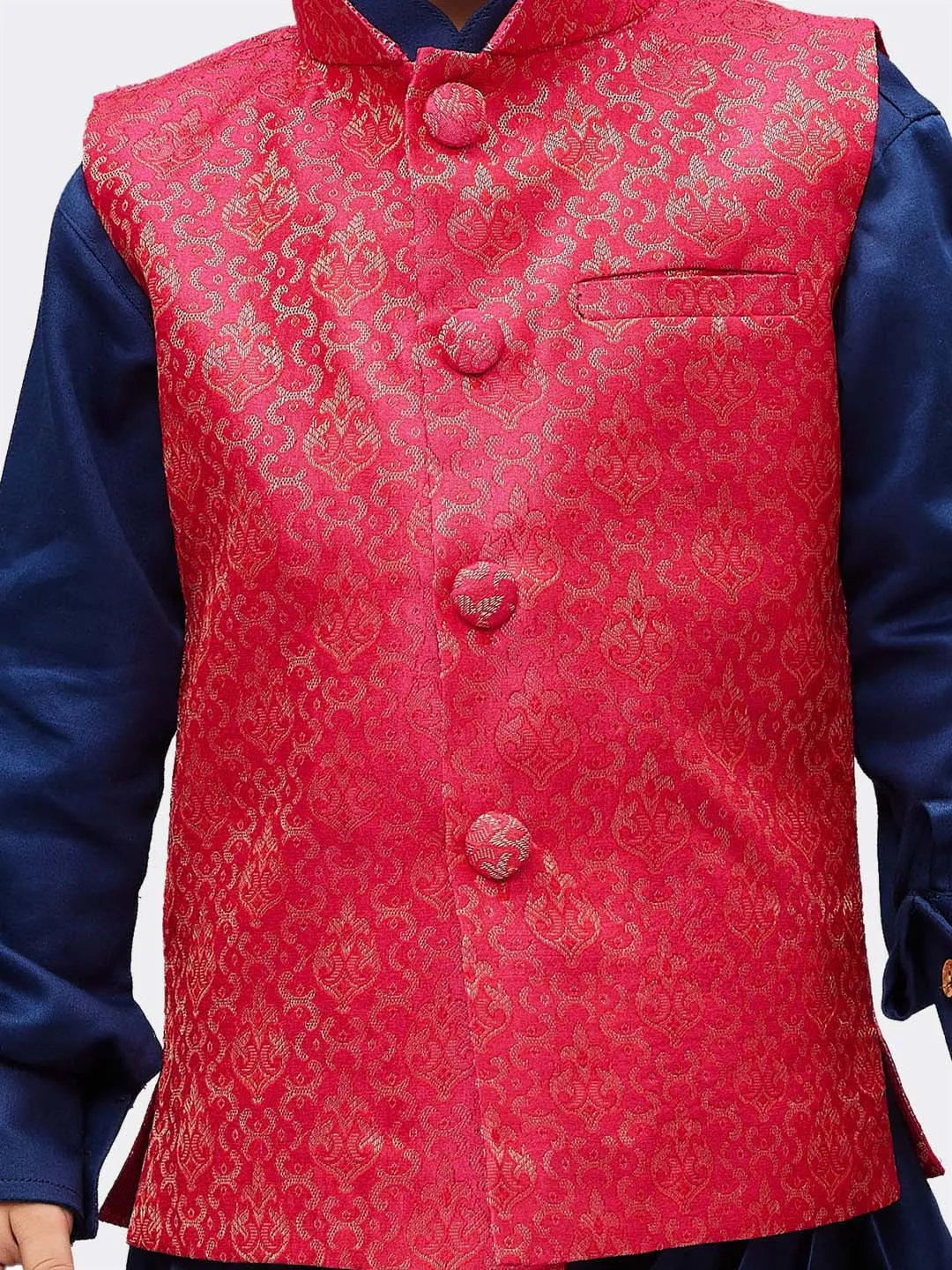 Boys' Blue Cotton Kurta, Waistcoat and Pyjama Set