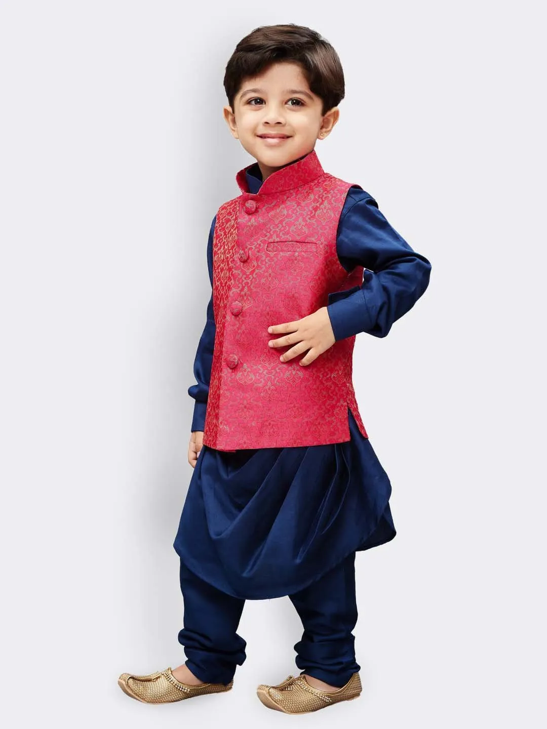 Boys' Blue Cotton Kurta, Waistcoat and Pyjama Set