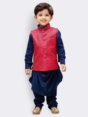 Boys' Blue Cotton Kurta, Waistcoat and Pyjama Set