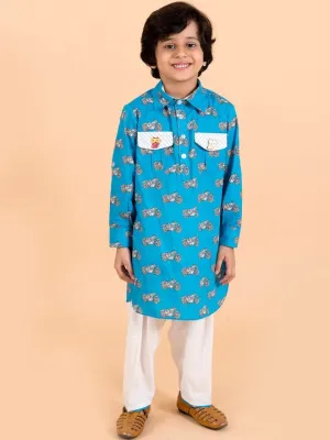 Boys  Blue Printed Pure Cotton Kurti With Pyjamas - Ps Peaches