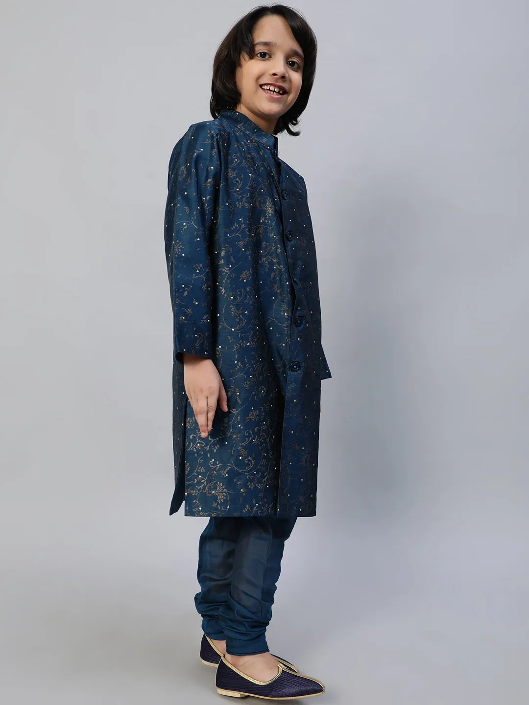 Boy's Blue Printed Sherwani With Churidar - Aks Boys