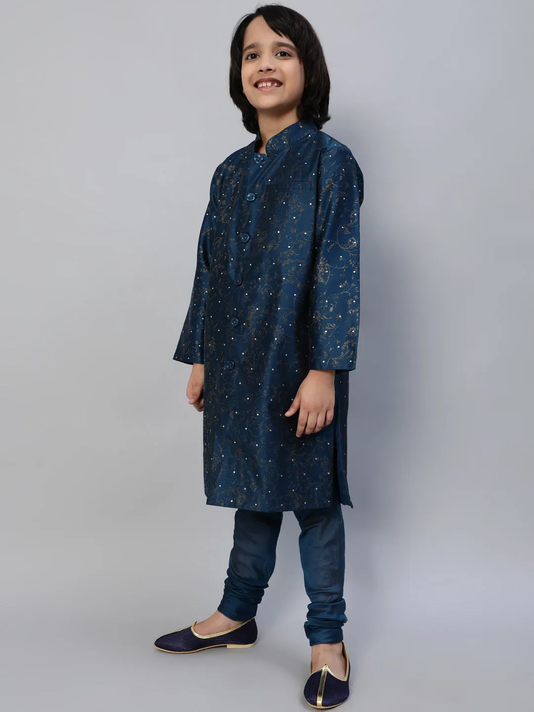 Boy's Blue Printed Sherwani With Churidar - Aks Boys