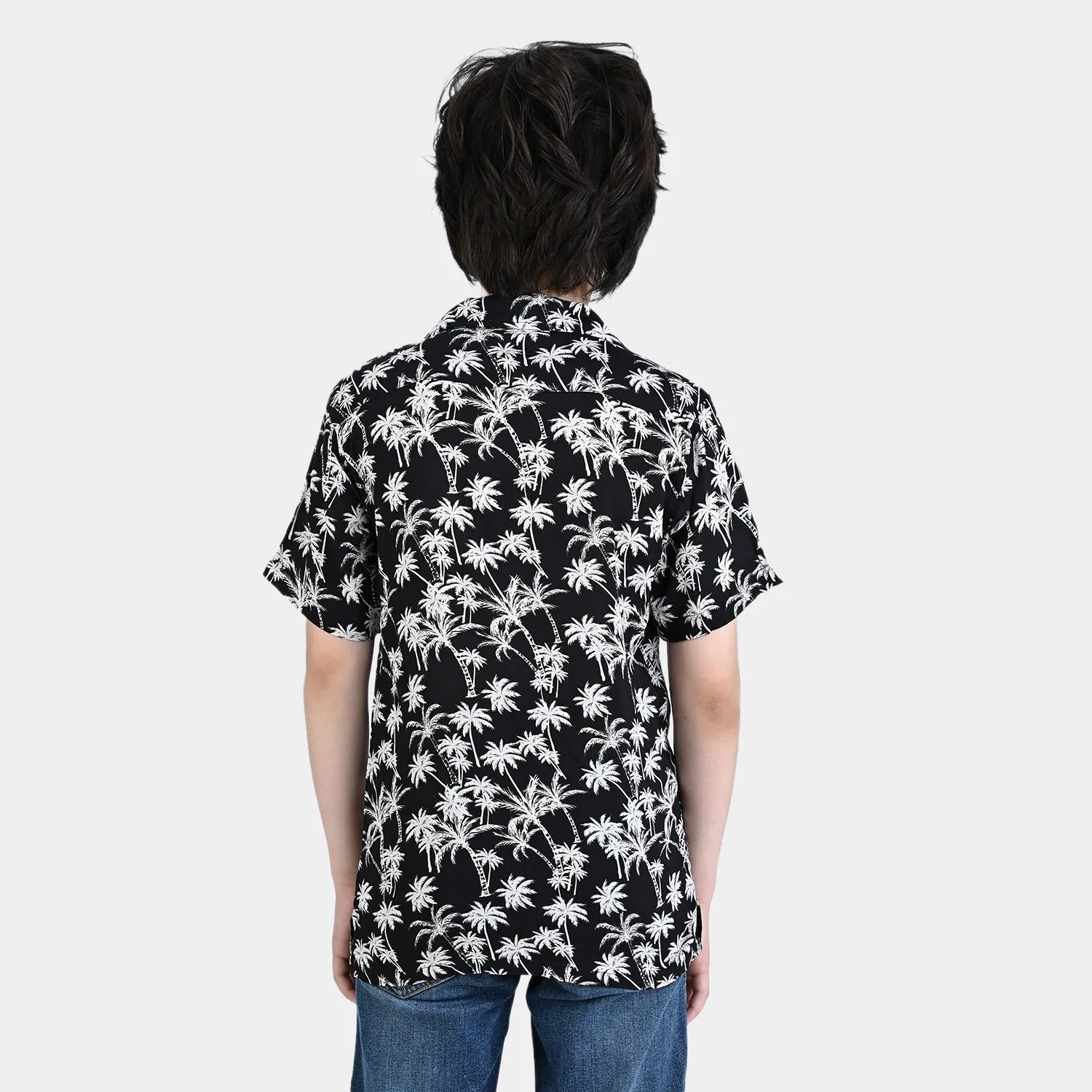 Boys Cotton Viscose Casual Shirt H/S (Palm Trees)-BLACK