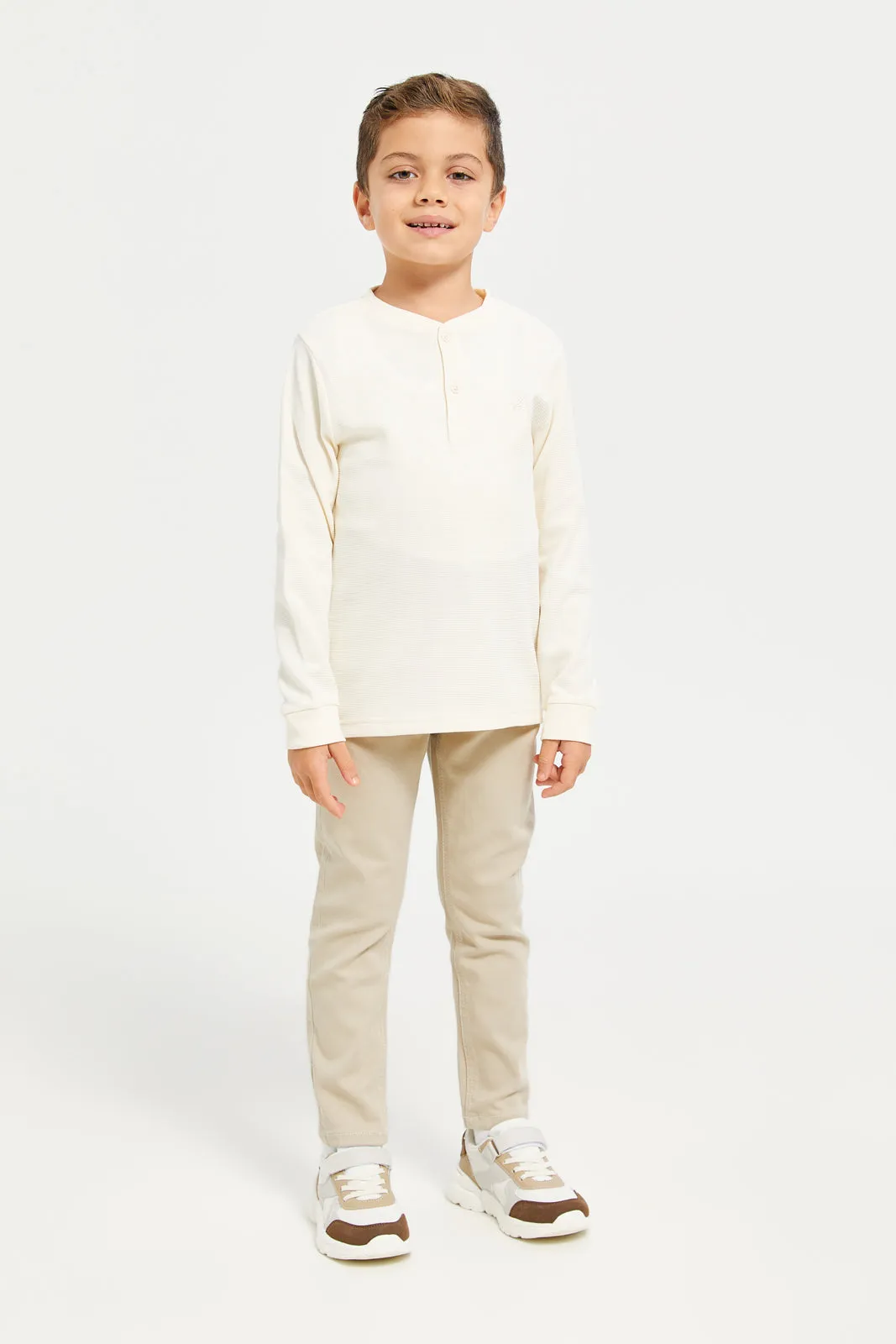 Boys Cream Jacquard Henley T-Shirt