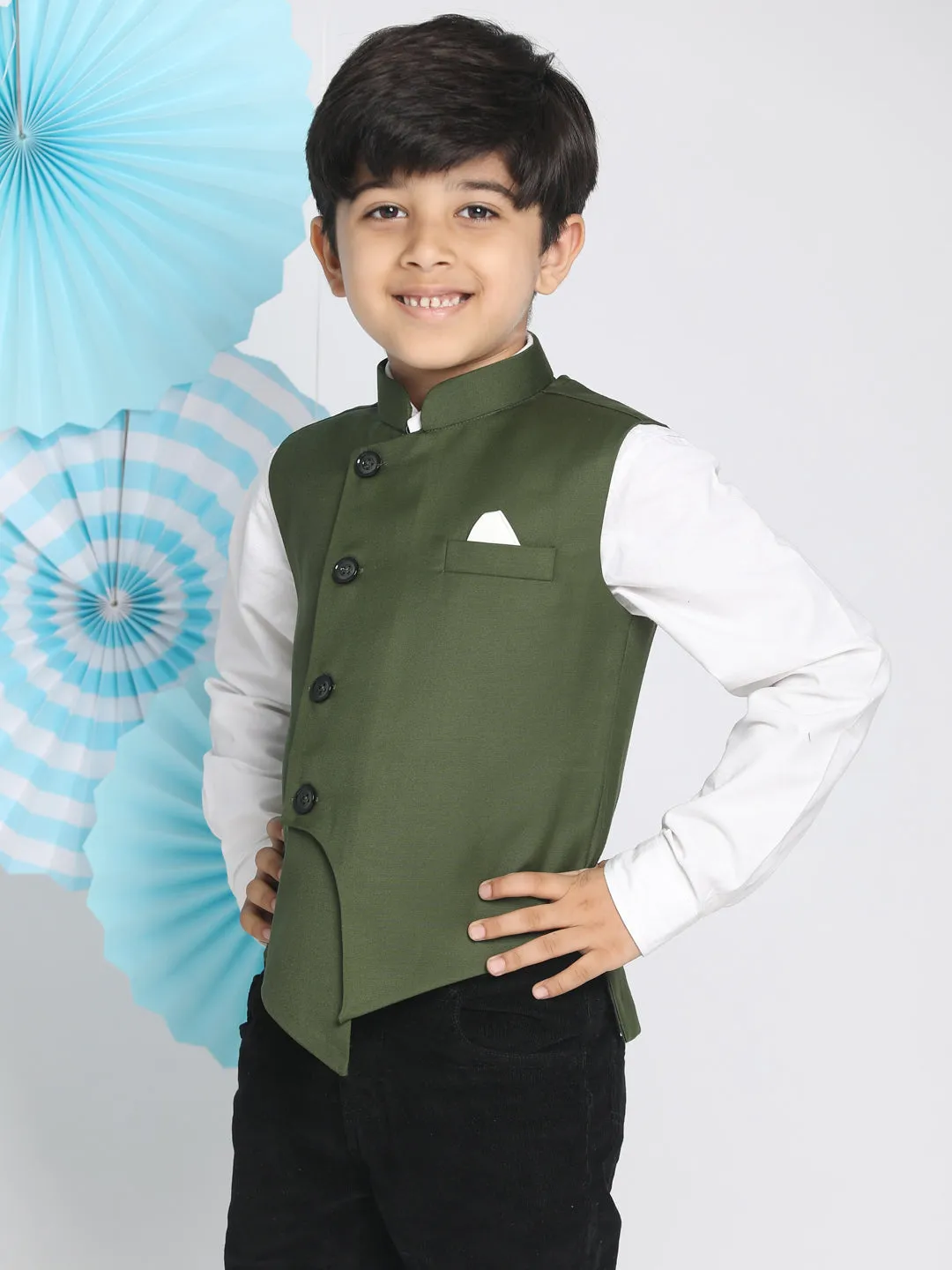 Boy's Dark Green Cotton Blend Nehru Jacket - JBN Creation