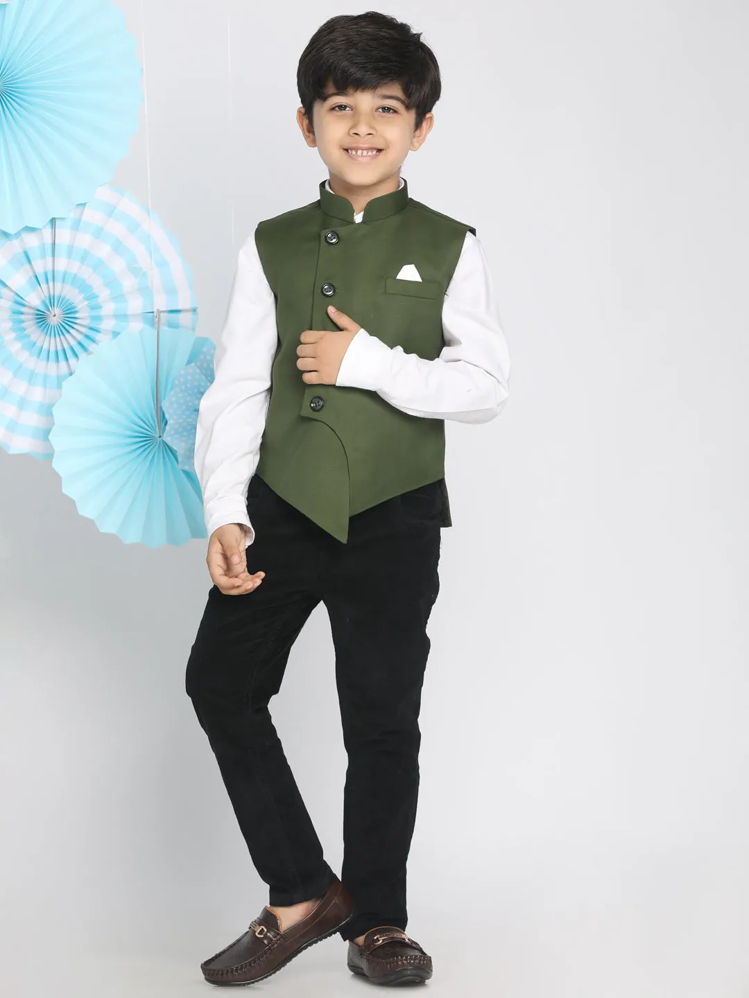 Boy's Dark Green Cotton Blend Nehru Jacket - JBN Creation