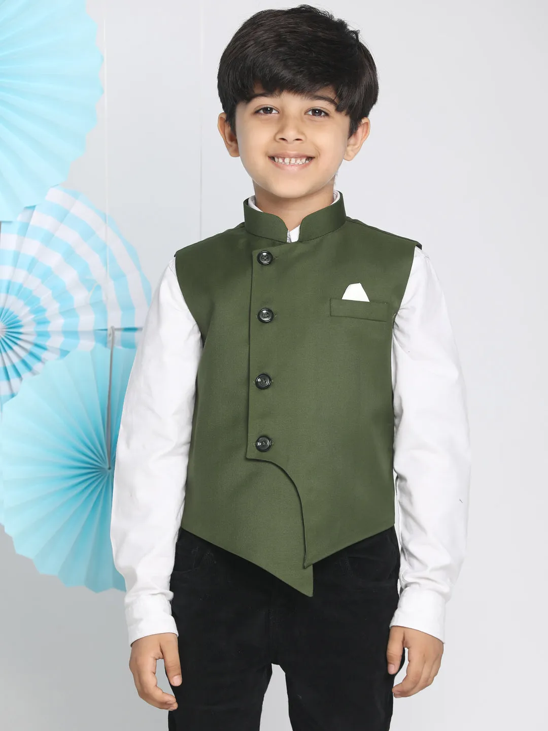 Boy's Dark Green Cotton Blend Nehru Jacket - JBN Creation