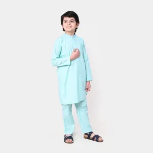 Boys Embroidered Cotton Kurta Pajama Suit - Mint Green