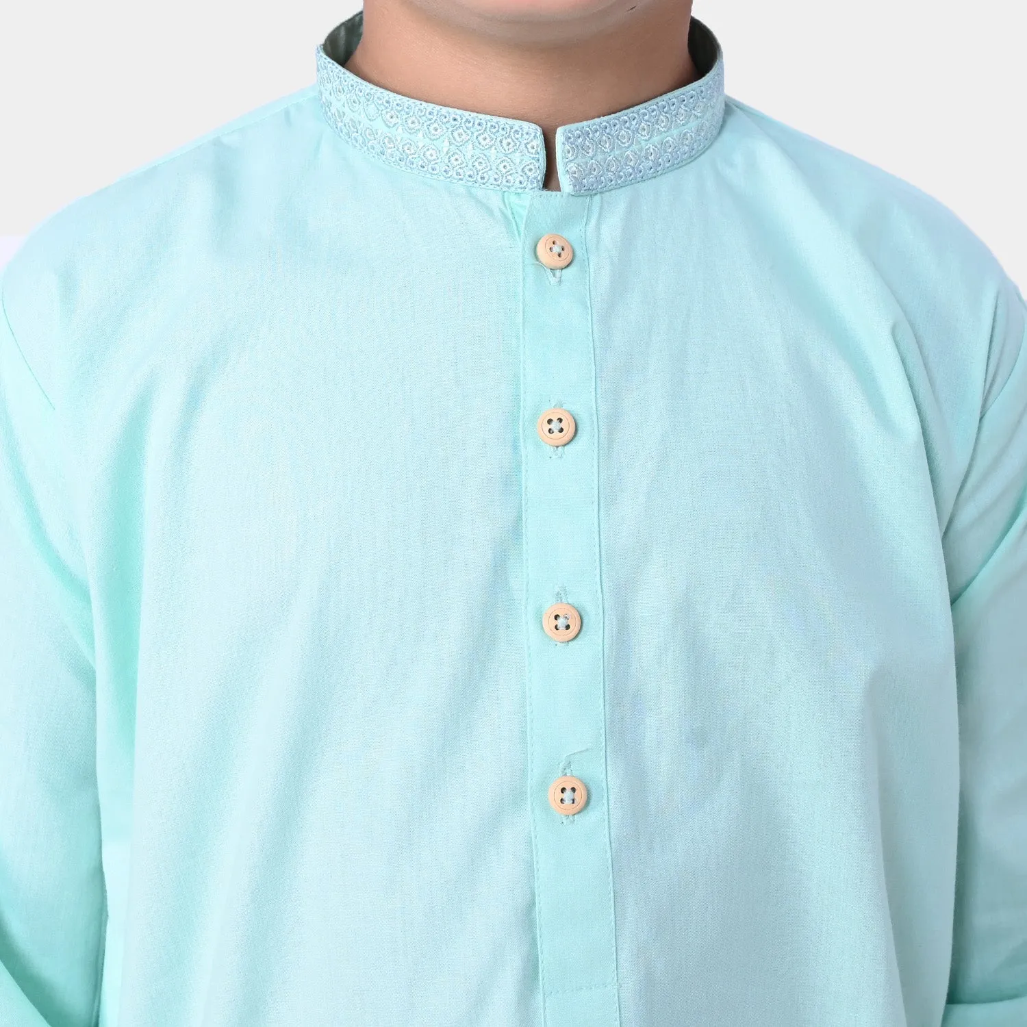 Boys Embroidered Cotton Kurta Pajama Suit - Mint Green