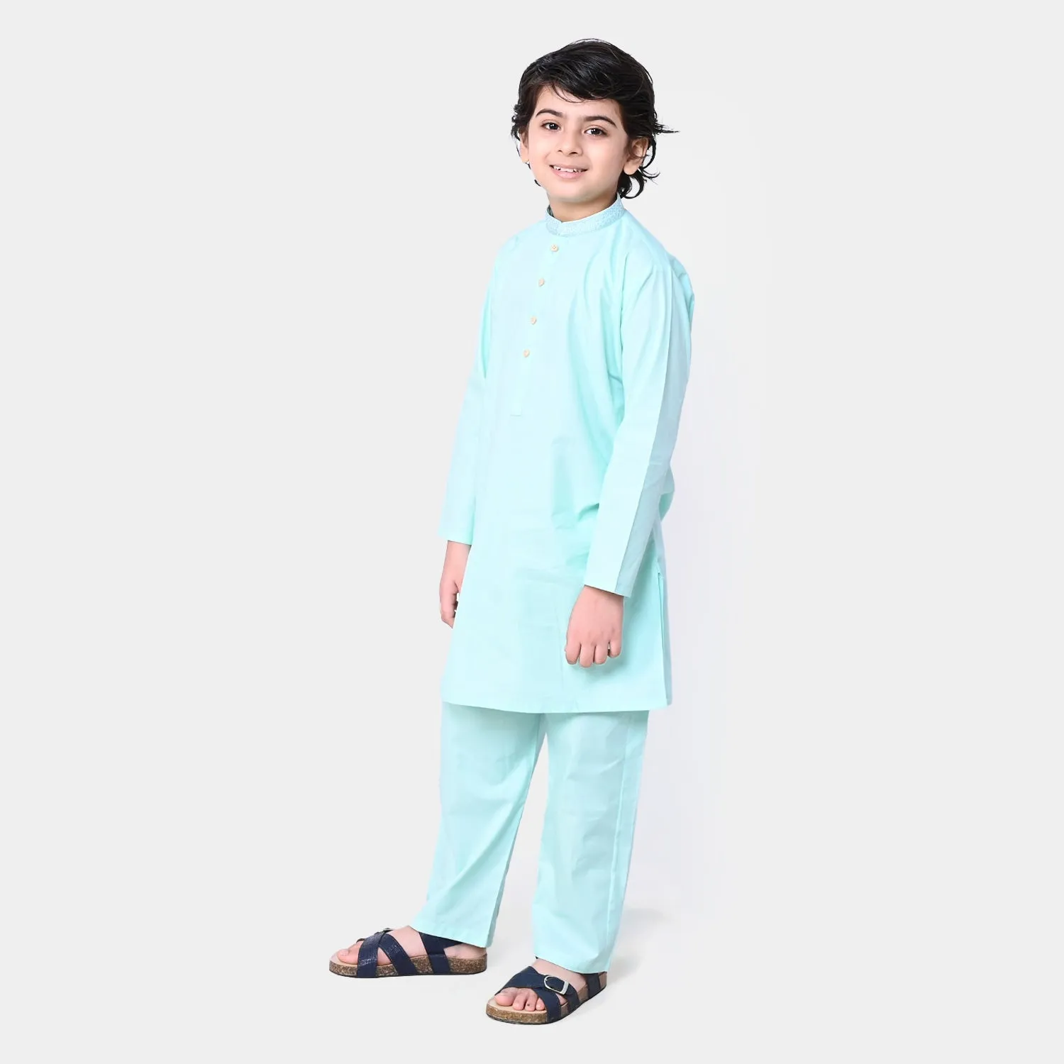 Boys Embroidered Cotton Kurta Pajama Suit - Mint Green